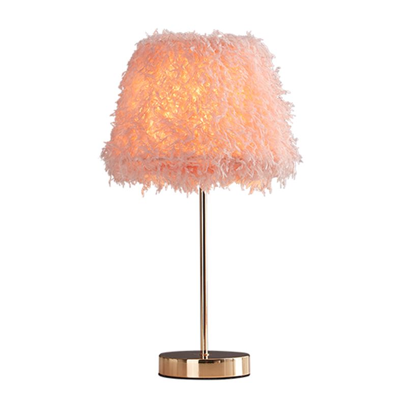 Pink/White Feather Conical Nightstand Lamp Modernist 1-Head Reading Book Light with White/Gold Base