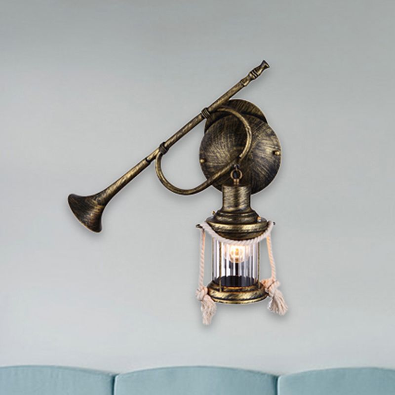 One Bulb Wall Light with Lantern Shade Clear Ribbed Glass Coastal Bedroom Sconce Lighting Fixture with Trumpet