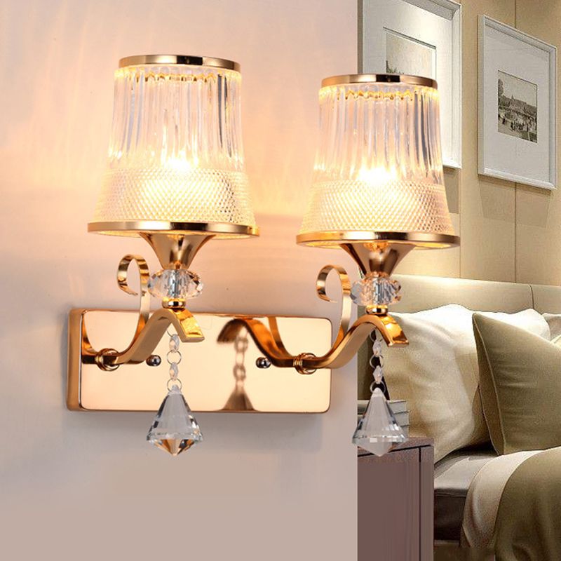 Vintage Style Bell Sconce Light Fixture Clear Glass 2 Lights Bedroom Gold Finish Wall Lamp with Crystal Accent