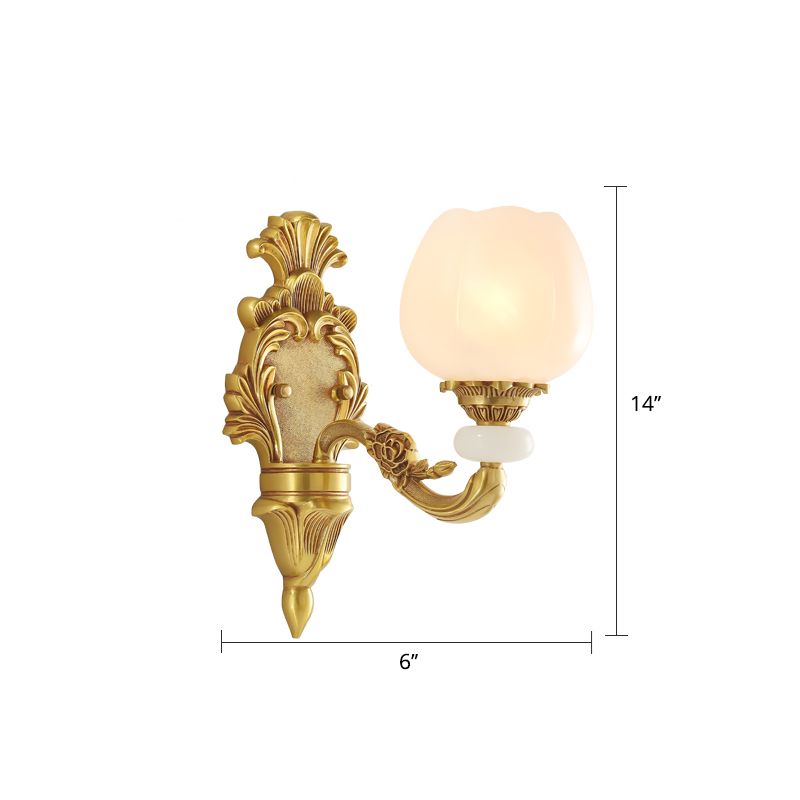 Flower Shaped Foyer Wall Lamp Traditional Opal Glass Bronze Finish Wall Mounted Light