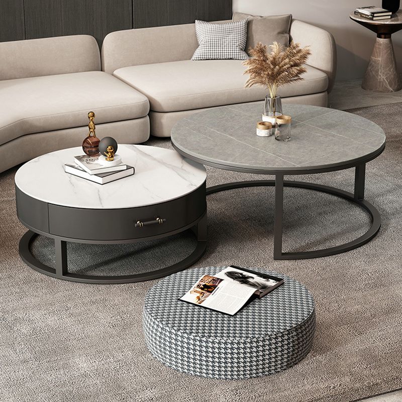 Stone Round Contemporary Cocktail Table Frame Nesting Coffee Table Set