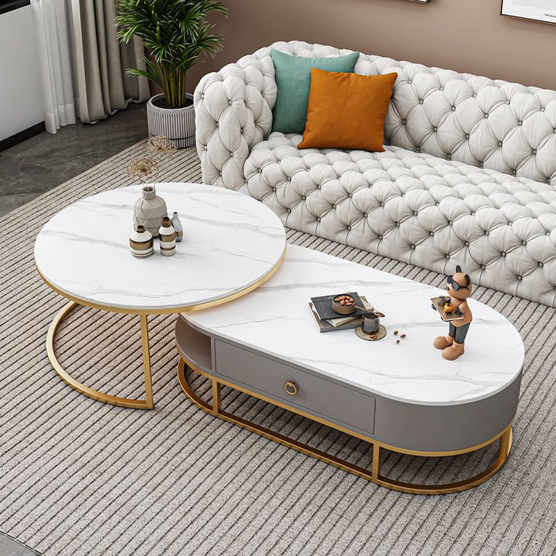 Oval Glass & Slate Coffee Table Set Frame Cocktail Table with Drawers