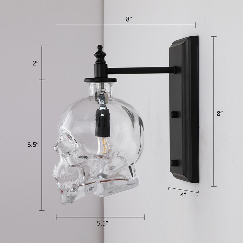 Clear Glass Skull Wall Lighting Art Deco 1 Head Black Sconce Light Fixture for Bedroom