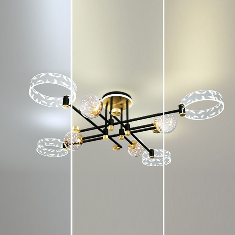 Ring and Ball Acrylic Ceiling Fixture Minimalist Black-Gold LED Semi Flush Mount Light for Living Room
