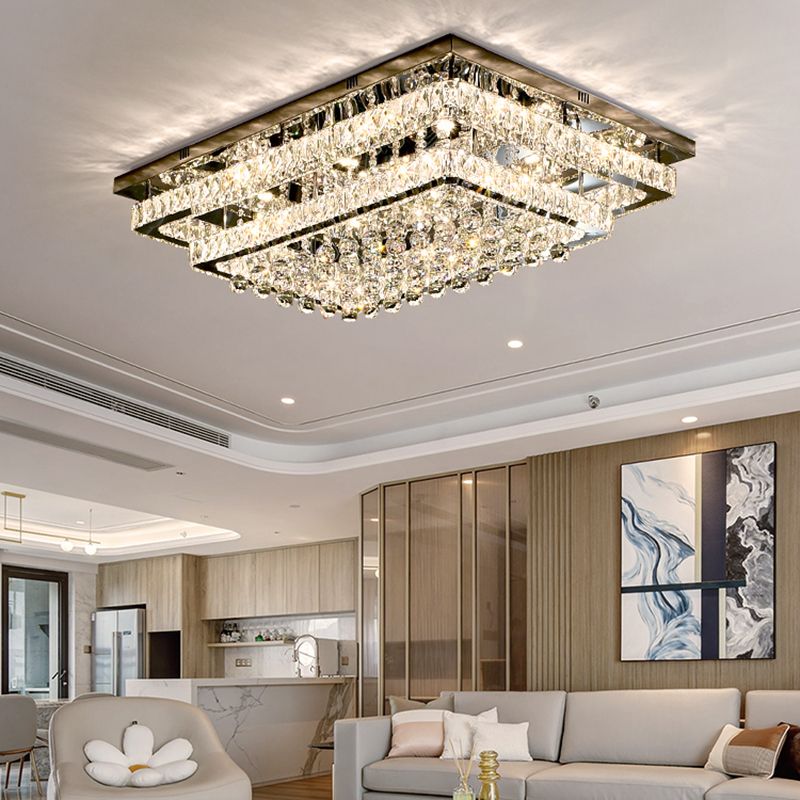 Silver Metal Flush Mount Light Fixtures Modern Square Bedroom Flush Ceiling Lamps with Crystal Shade