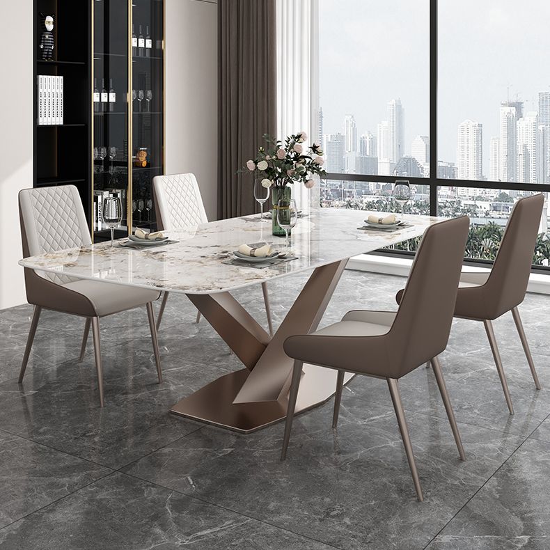 Modern Style Sintered Stone Dining Table with Standard Height Table and Rose Gold Trestle Base