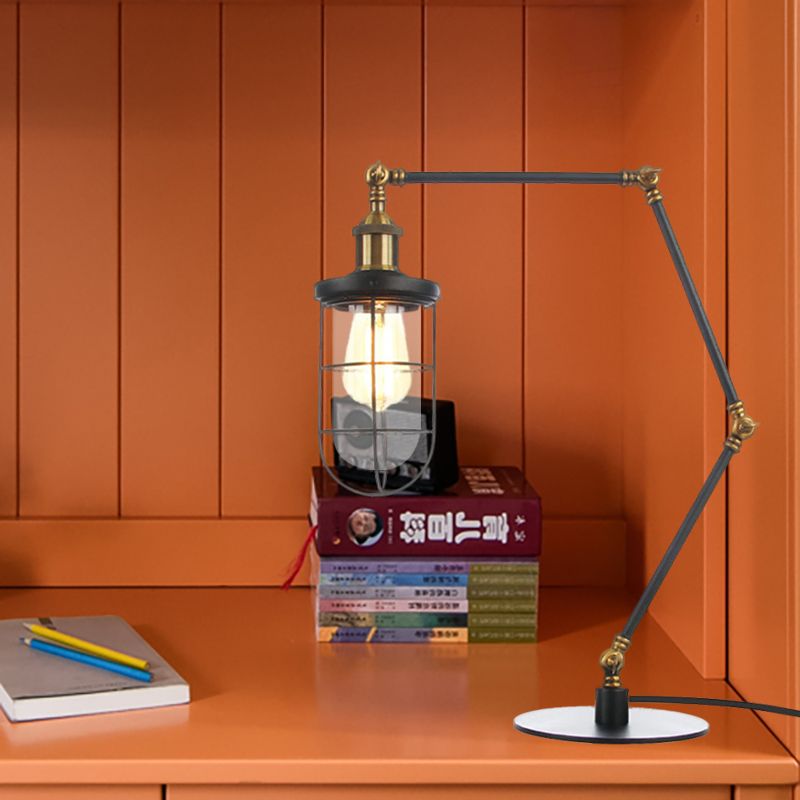 Wire Guard Metal Table Lighting Nautical Style 1 Light Adjustable Black/Brass Table Lamp for Restaurant