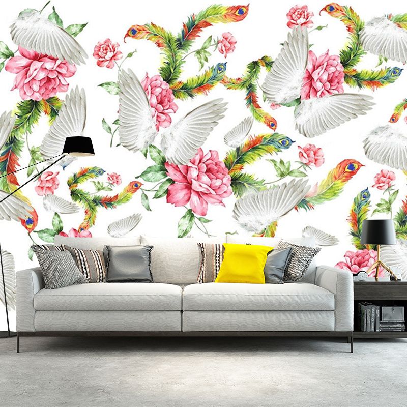 Pink-Green Wing Murals Wallpaper Flower with Feather Modern Dec0rative Wall Art for Bedroom