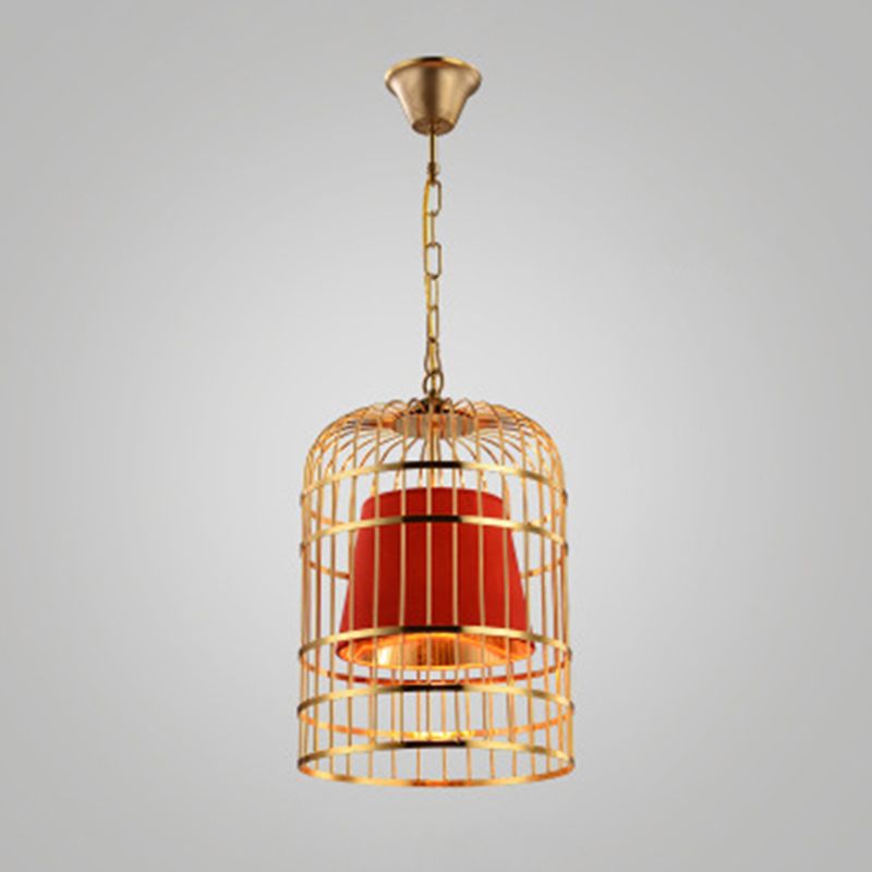 Golden Birdcage Design Metal Suspension Light Fabric Shade Creative Lighting Fixture with 35.5" Adjustable Hanging Chains