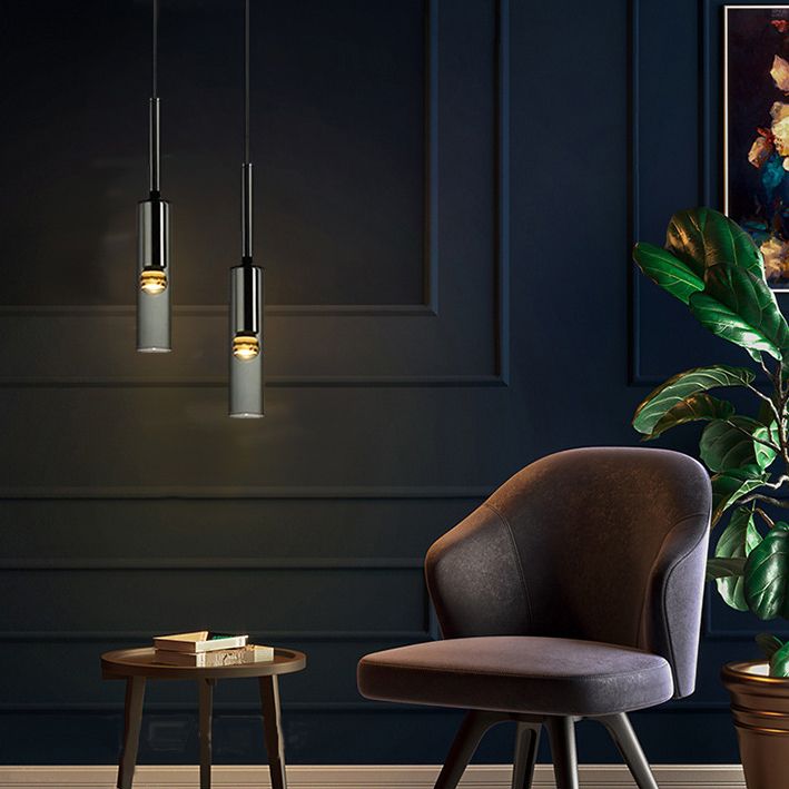 Luce a sospensione grigio in cristallo in moderna lampada a sospensione cilindrica di rame per sala da pranzo