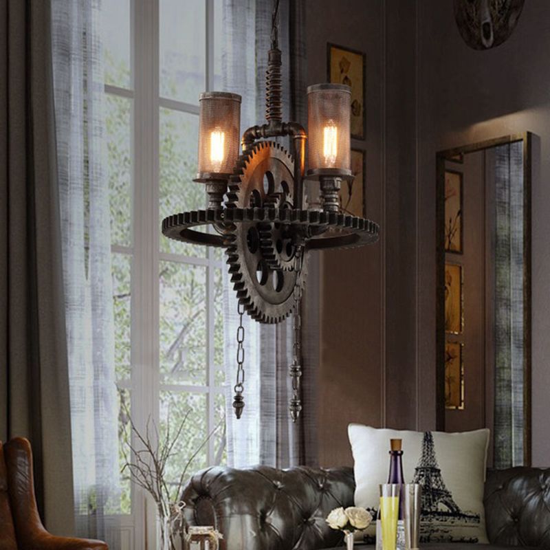 Industrial Vintage 2-Light Hanging Lamp Wrought Iron Inverted Pendant Light for Commercial Place