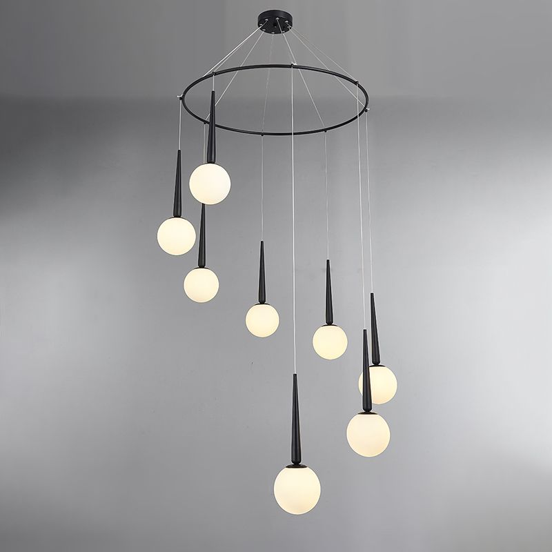 Milky Glass Ball Cluster Pendant Modern Style Hanging Light Fixture with Metal Ring Top