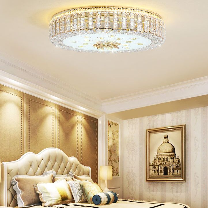 Gold Circular LED Ceiling Light in Modern Luxury Style Crystal Flush Mount with Glass Shade