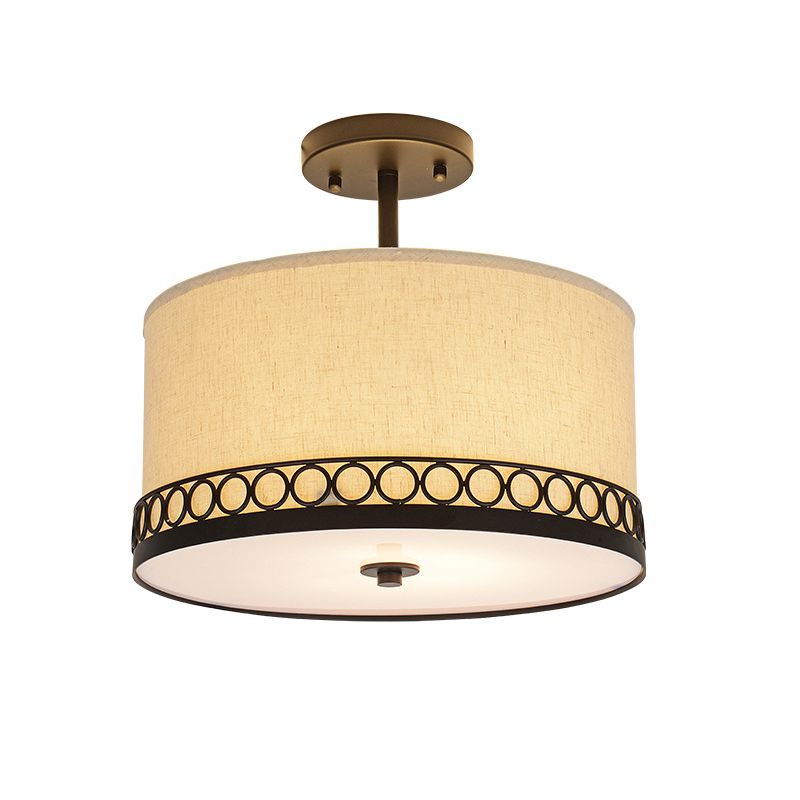 Drum Fabric Semi Mount Lighting Traditional 1 Head Bedroom Ceiling Light Fixture in Black