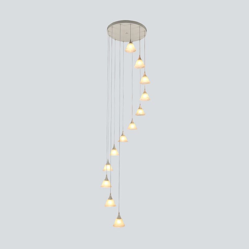 Modernist Floral Ceiling Pendant Lamp 12 Bulbs White Glass Multiple Hanging Light