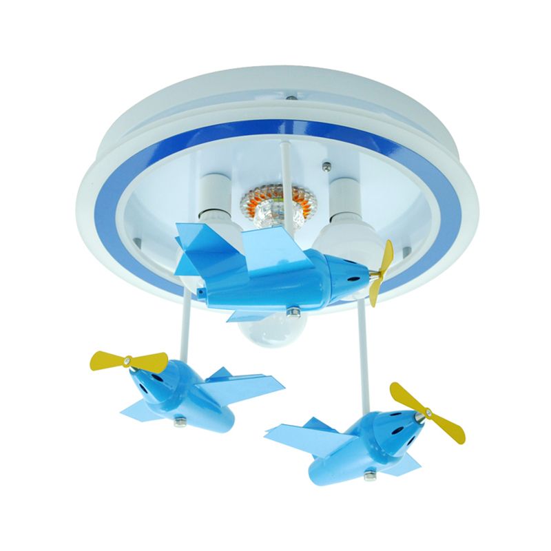 Blue Airplane Lighting Fixture  with Bare Bulb Design Cartoon LED Metal Close to Ceiling Light