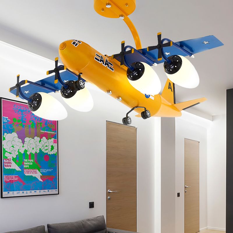 Cartoon Yellow & Blue Hanging Lamp Airplane 4 Lights Metallic Chandelier for Child Bedroom