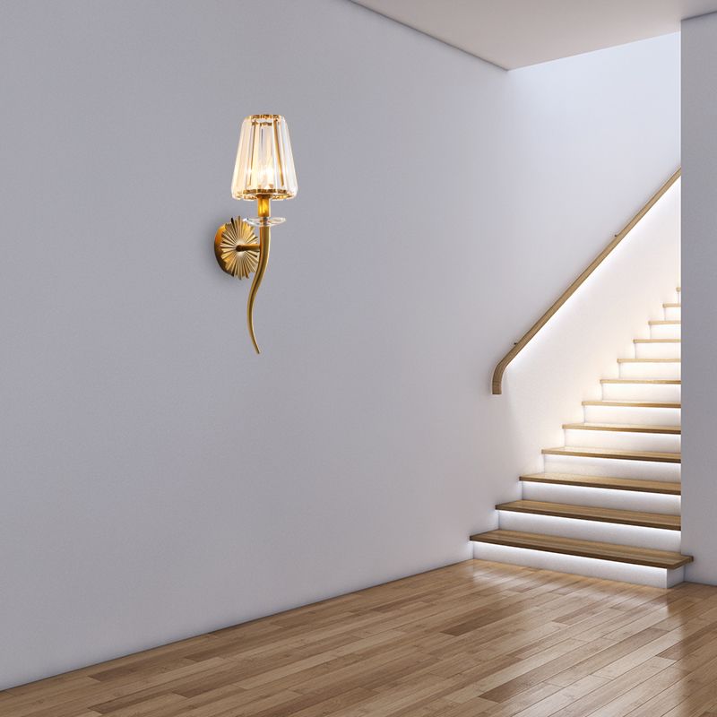 Clear Tapered Shade Wall Light Modern 1 Head Sconce Light Fixture with Crystal Prism in Gold for Stairway