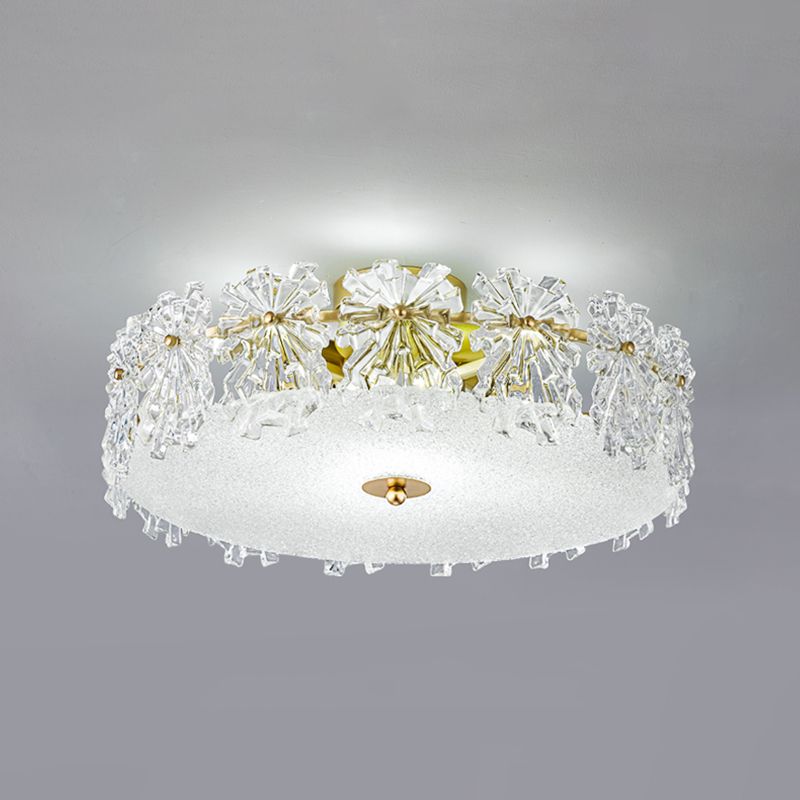 Gold Metal Flush Mount Light Fixtures Traditional Drum Semi Flush Ceiling Lamps with Glass Shade