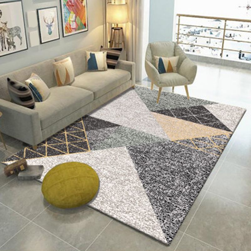 Grey and White Modern Rug Polyester Geometric Colorblock Rug Washable Rectangle Rug for Living Room