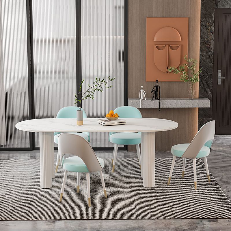 Stone Oval Dining Table Simple White Furniture with Solid Wood Double Pedestal