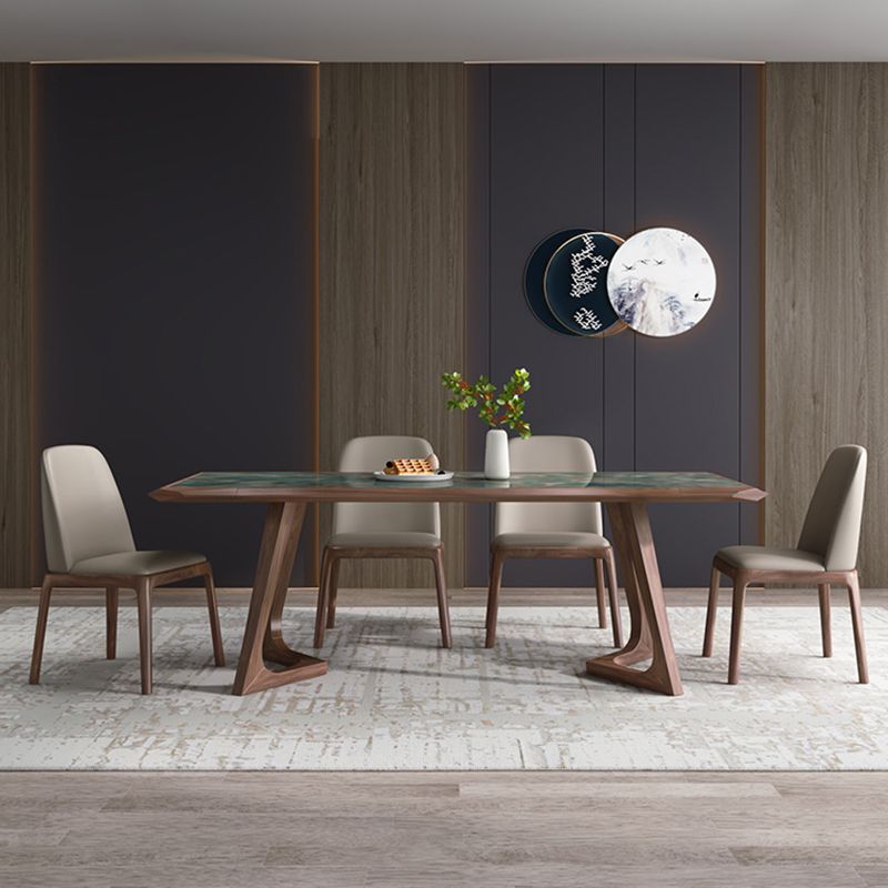 Modern Brown Finish Legs Dining Site Table Stone Top Double Pedestal Table