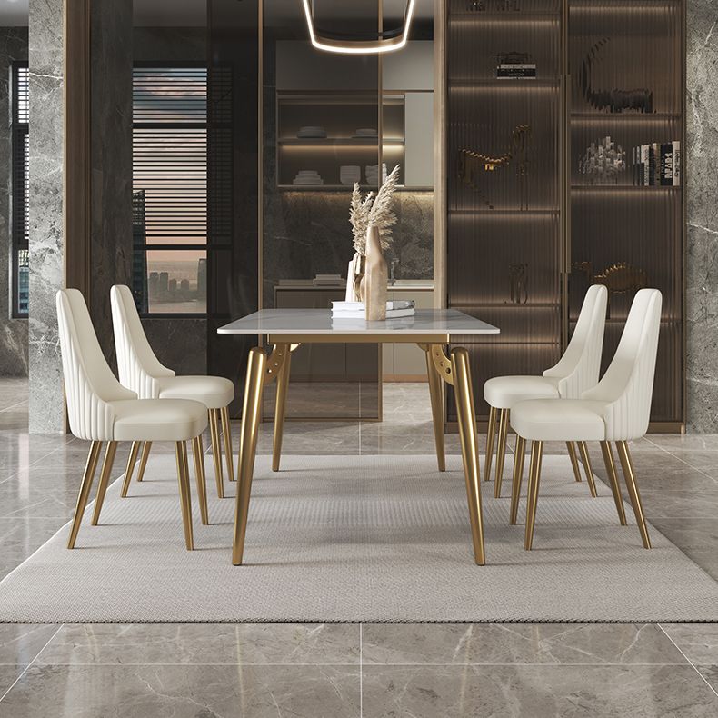 Luxury Sintered Stone Dining Table Rectangle White Table with Metal 4 Legs in Gold