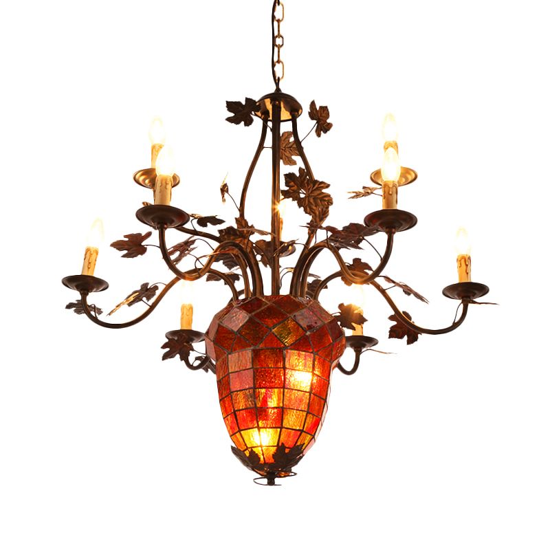 12 Lights Candle Chandelier Rustic Brown Metal Pendant Light Fixture for Living Room with Pinecone