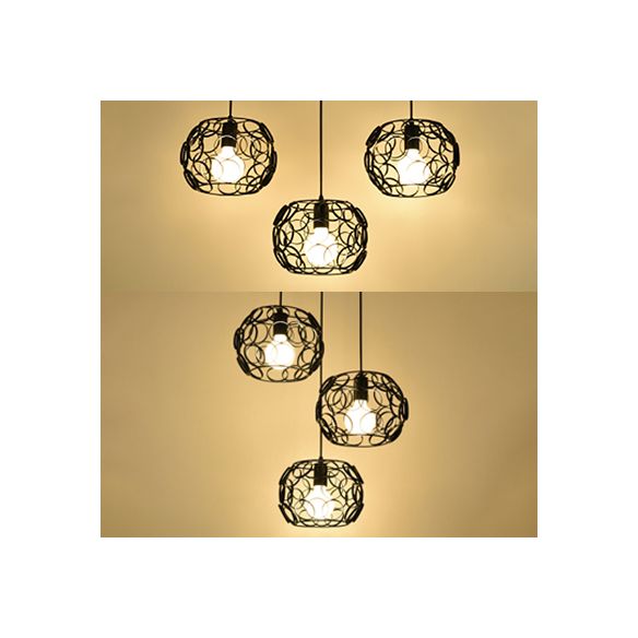3 Lampenlampen Anhängerlampe Retro Drum Shade Metall Suspension Licht mit Drahtrahmen und Kreisen in Schwarz