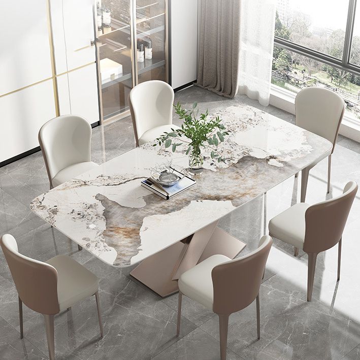 Sintered Stone Top Dining Table Rectangle Kitchen Table with Metal Pedestal