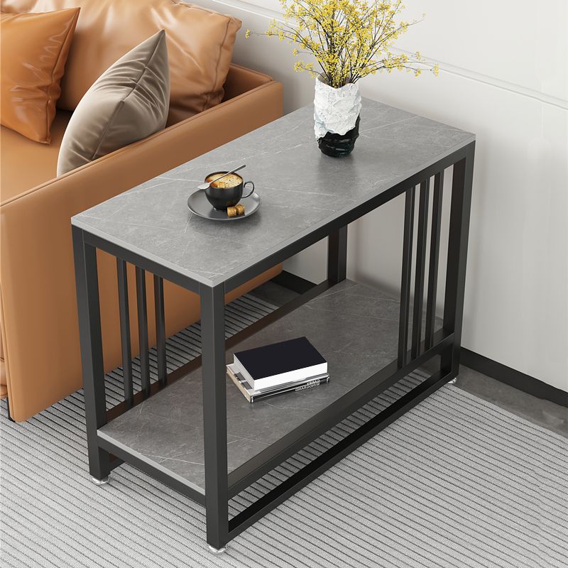 Metal Frame End Table 2-Tier Stone Top Accent Side Table with Shelf