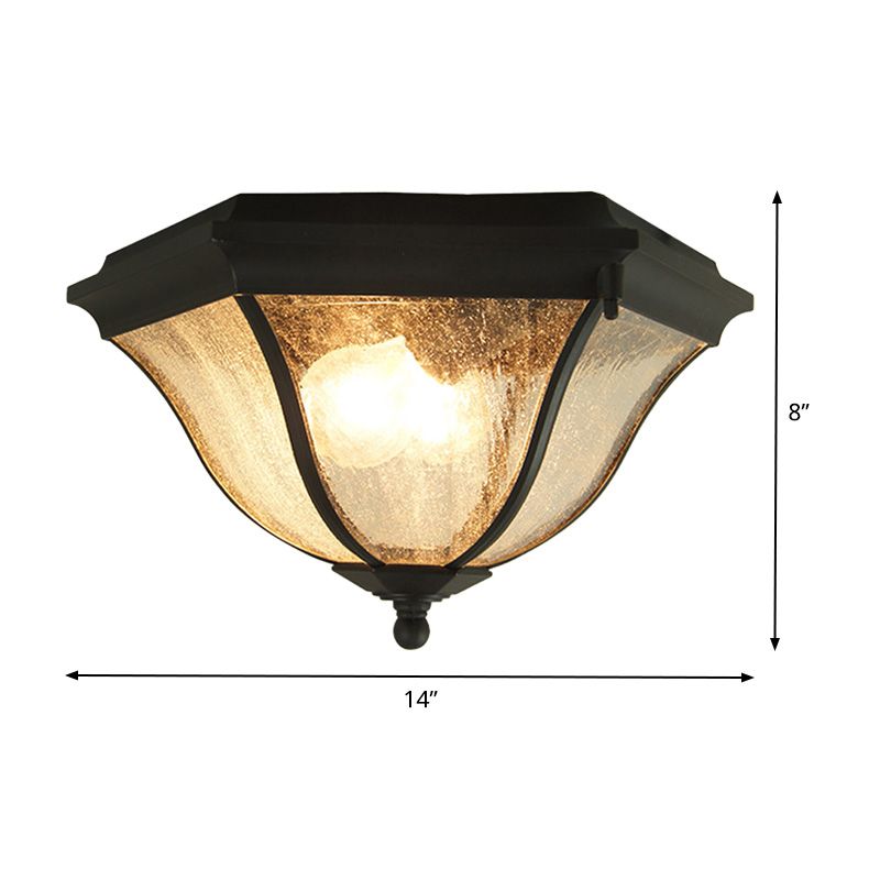 2 Bulbs Geometric Flush Lighting with Seeded Glass Shade Traditional Black Outdoor Ceiling Light for Balcony