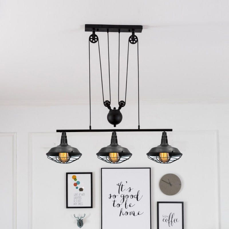 Farmhouse Barn Island Pendant 3 Lights Metallic Pendant Lighting with Cage Shade and Pulley in Black