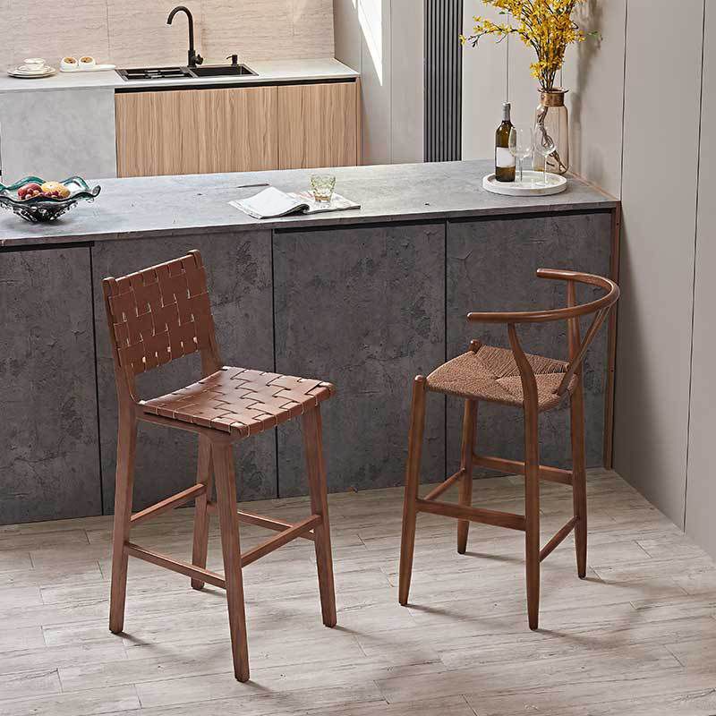 Industrial Low Back Dining Stool Solid Wood Bar Stool with Footrest