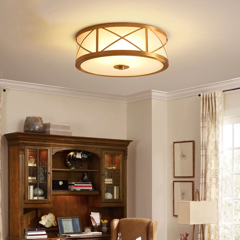 Montura de oro de vidrio en la circular de cobre de estilo clásico de cobre Luz de techo para sala de estar