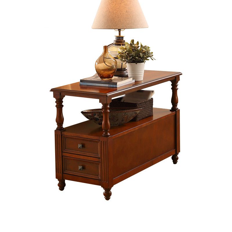 23.6"Tall Rustic Solid Oak Drawer End Table 4 Legs Rectangular Side Table