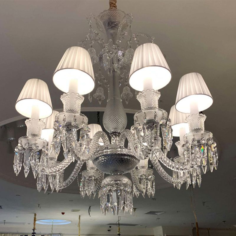 Beige Tapered Chandelier Pendant Light Modernism 8 Heads Crystal Hanging Lamp with Fabric Shade