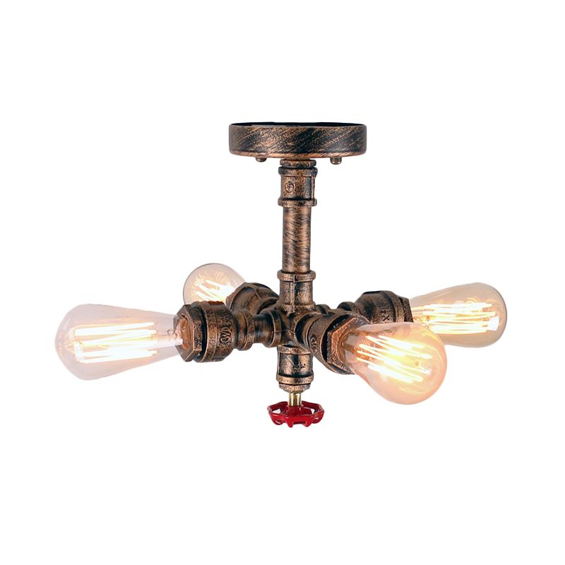 Burst Pipe Foyer Ceiling Mount Light Industrial-Style Iron 4 Lights Bronze Semi Flush Light with Decorative Valve
