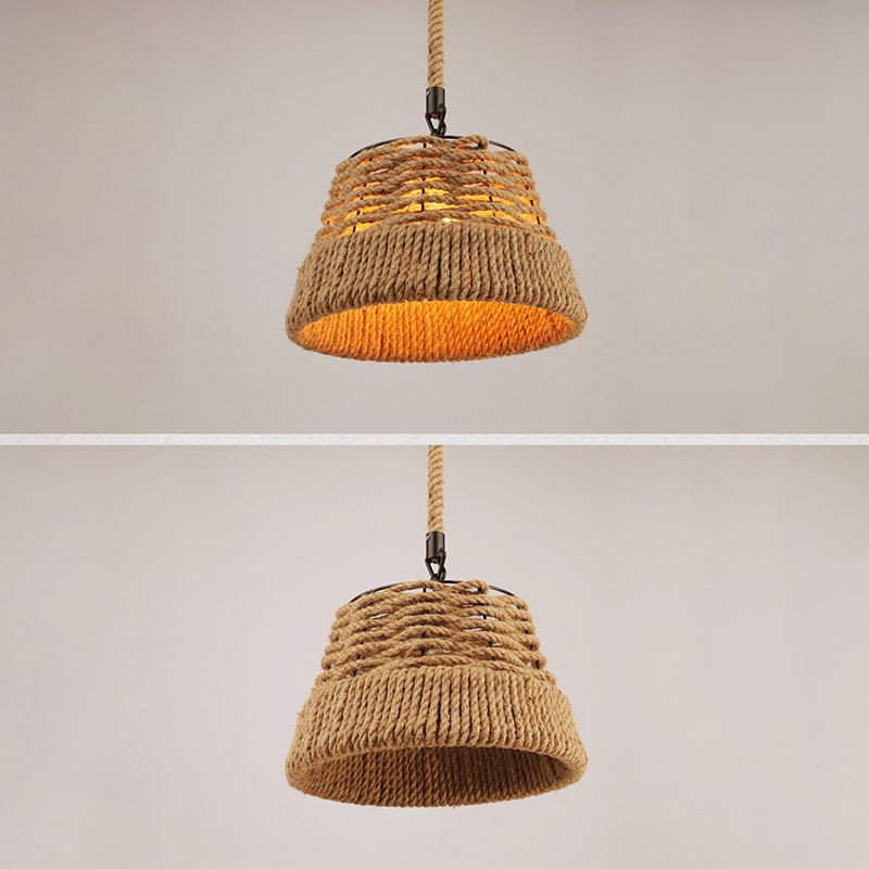 Rustic Bowl Ceiling Light Beige Hemp Rope 1 Light Restaurant Hanging Pendant Lighting