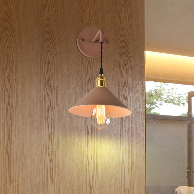 1-Lights Macaroon Style Simplicity Wall Lamp Metal Cone Shade Bedroom Sconce Light with Brass Rotary Switch