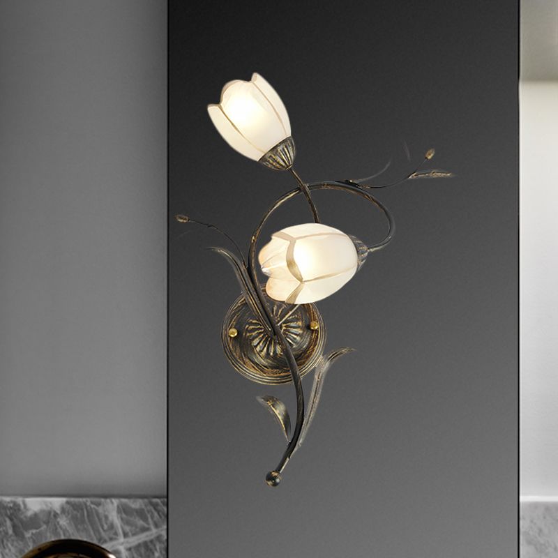 Iluminación de apliques de pared de flores vintage 2 cabezas Luz de pared de vidrio esmerilado en bronce para sala de estar, derecha/izquierda