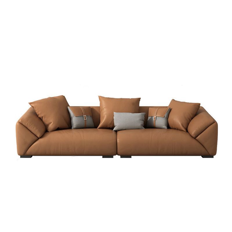 Orange Faux Leather Sofa Modern Pillow Top Arm Sofa with Pillows