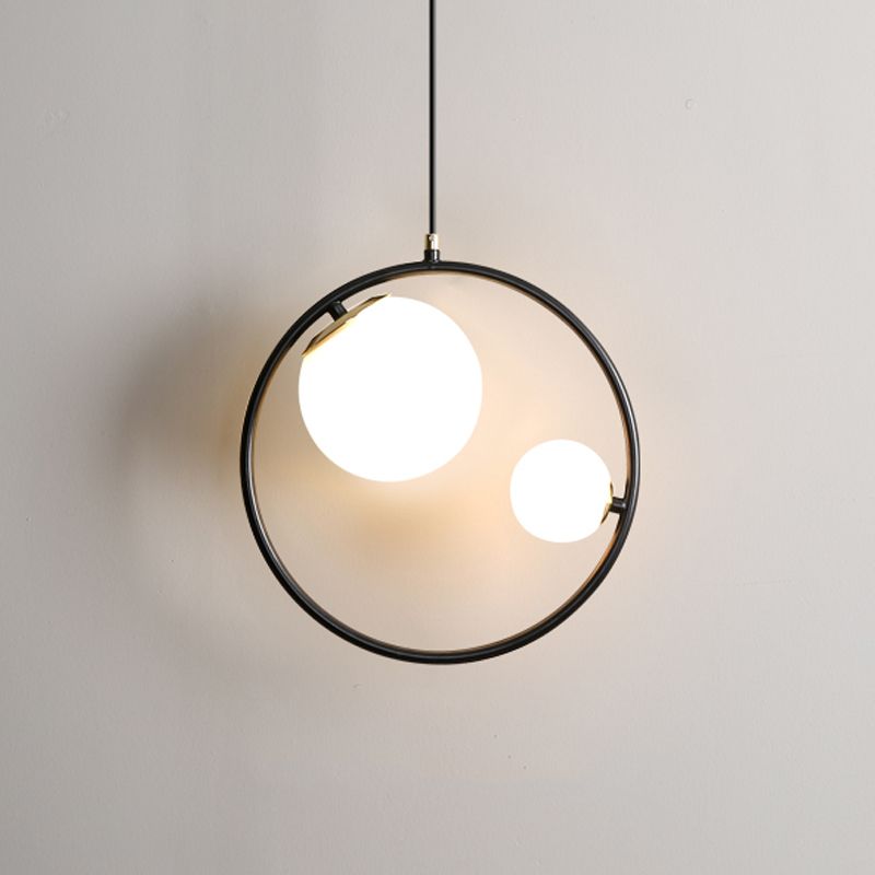 Black Loop Pendant Chandelier Contemporary 2 Lights Metal Hanging Light with Ball Opaline Glass Lamp Shade