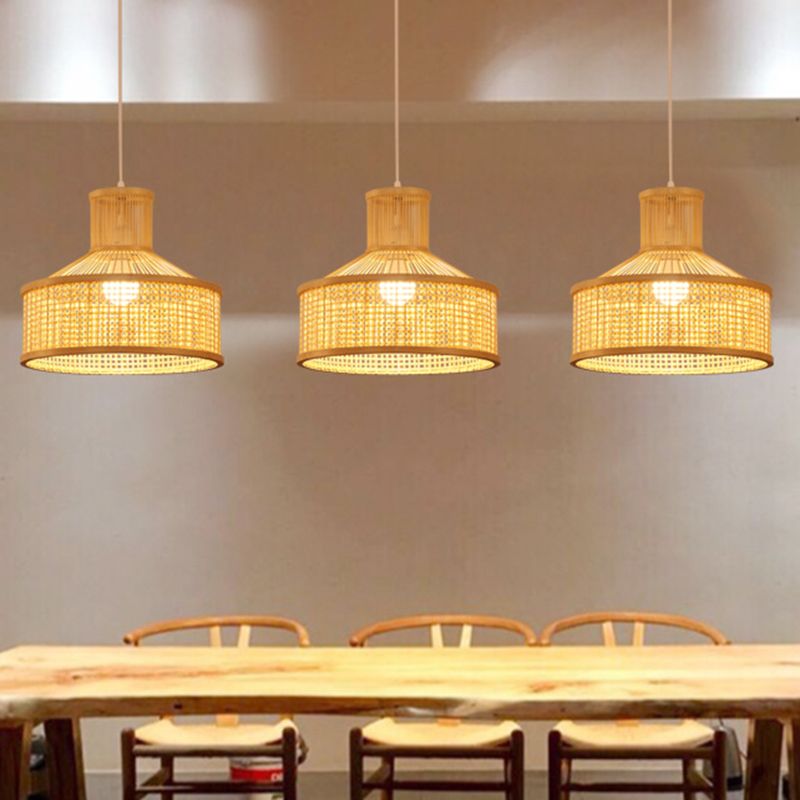 Coste de caída de bambú redonda moderna 1 Luz de techo colgante de luz en beige para el comedor