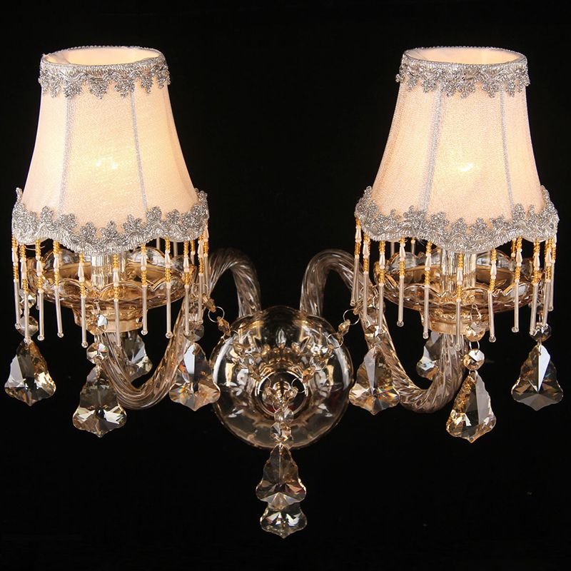 Scalloped Fabric Wall Lamp Fixture Antique Style 2-Light Bedroom Sconce with Fringe in Amber