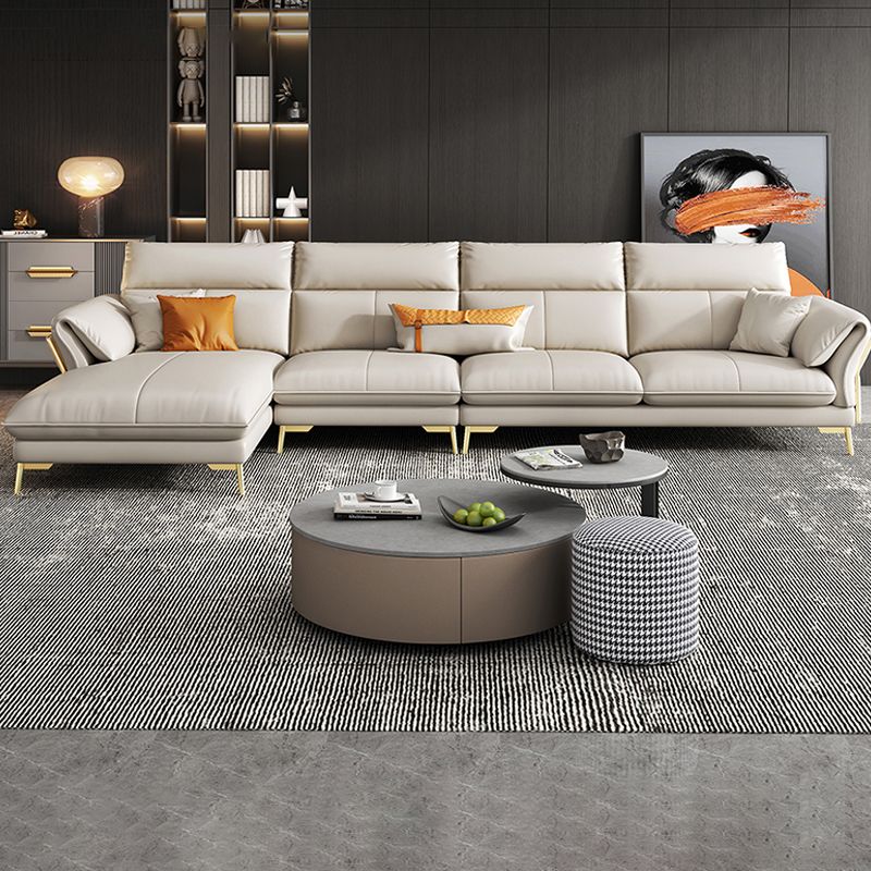 Genuine Leather Sectional Sofa 37.4" High Cream  Sofa with Cushion Back