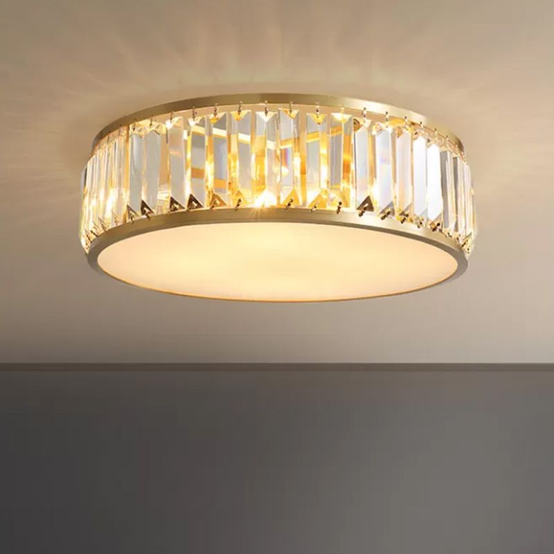 Crystal Drum Flush Mount Lamp Simplicity 3/4/5 Bulbs Bedroom Ceiling Light in Gold, 12.5"/16.5"/23.5" Wide