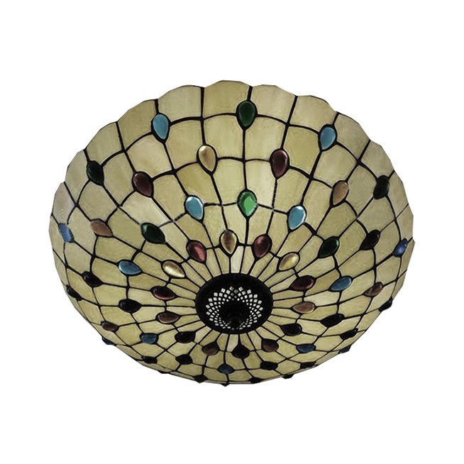 12/16/19.5-Inch Wide Bowl Ceiling Light Retro Style Stained Glass 1/2/3 Light Jewel Flushmount Ceiling Light in Beige/White/Yellow