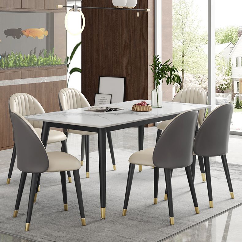 Contemporary Style Sintered Stone Dining Set with White Table and 4 Black Legs Base