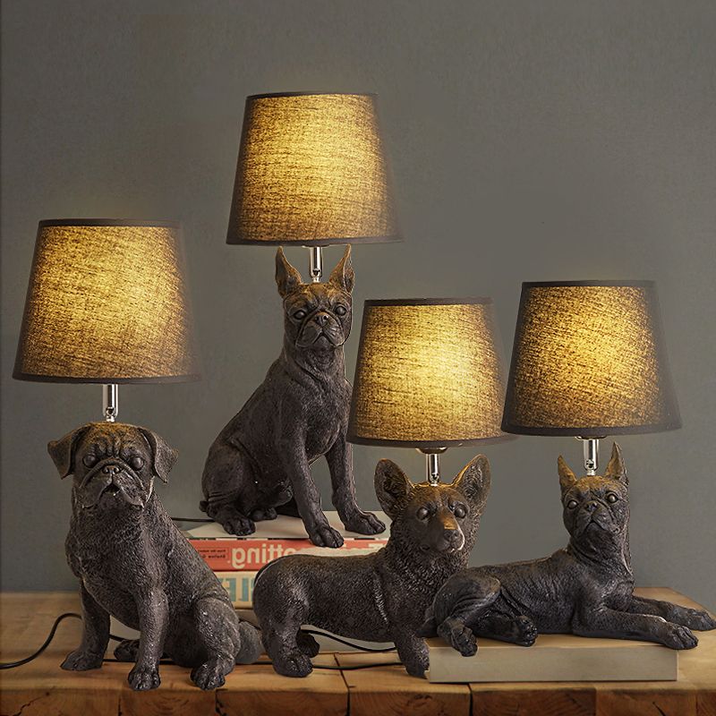 1 Bulb Fabric Night Table Light Traditional Black Drum Bedroom Nightstand Lamp with Resin Dog Base
